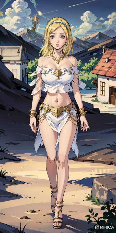 ophilia, uncomfortable, makeup, hairband, medium hair, blonde hair, necklace, white-and-blue off-shoulder shirt, white-and-blue pelvic curtain, bracelet, earrings,heels, large breasts, solo,looking at viewer, city in the desert, empty hands
<lora:primrose-nvwls-v1:0> <lora:Ophilia_OT-10:0>