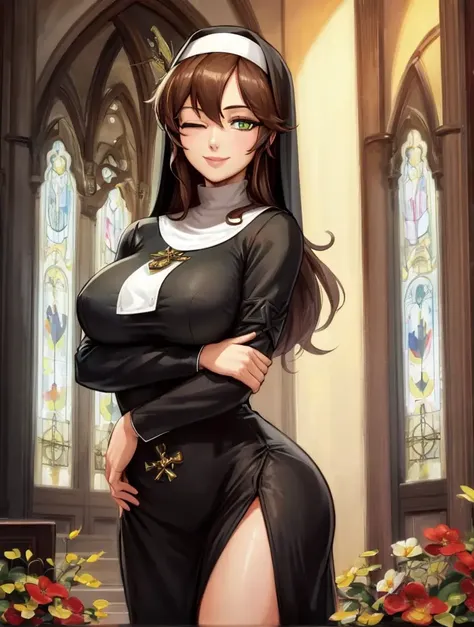 masterpiece, best quality, primrose azelhart, green eyes, hairband, nun habit, black robe, one eye closed, wink, smile, church, standing, looking at viewer  <lora:primrose-nv-v2-000010:0.75>