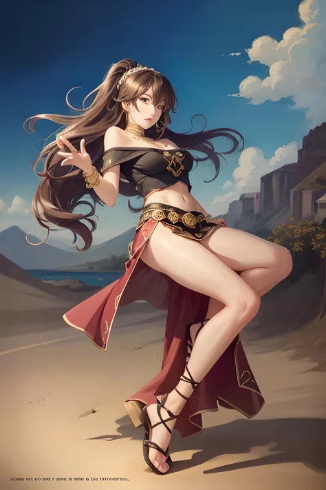 1 girl,  desert, sand, dynamic pose, looking viewer, <lora:primrose-nvwls-v1:0.8>,hairband, necklace, off-shoulder shirt, pelvic curtain, bracelet, sandals,primrose azelhart,, (((anime))),masterpiece, best quality, intricate details, 8k uhd, perfect face, perfect eyes