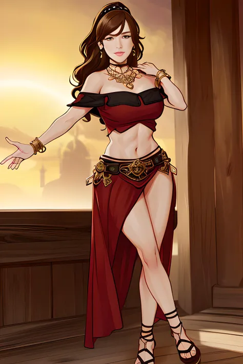1 girl,  medieval tavern, dynamic pose, smile, looking viewer, <lora:primrose-nvwls-v1:0.8>,hairband, necklace, off-shoulder shirt, pelvic curtain, bracelet, sandals,primrose azelhart,, ultra detailled,realistic,ch3rryg1g,<lora:sxz-cherry-gig-new:0.7>