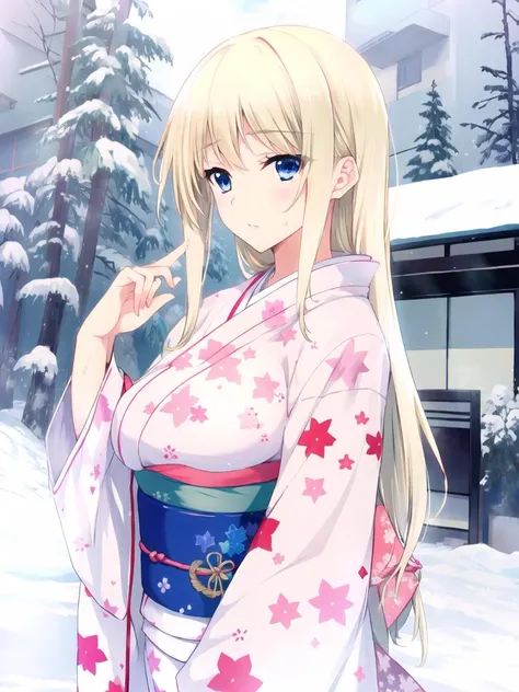 best quality,masterpiece, high res,original, beautiful detailed eyes,ultra-detailed, 1girl, breasts, japanese clothes, long hair, kimono, blonde hair, blue eyes, standing, yukata, pink kimono,sweat, sash, floral print, blush, obi, looking at viewer, outdoors, snow, winter, <lora:iizuki_tasuku:0.8>
