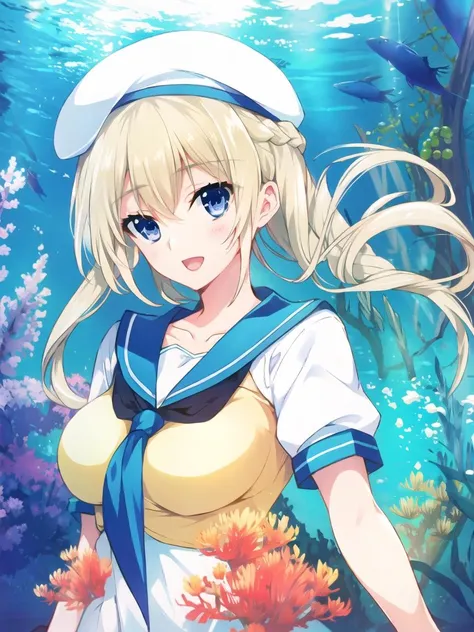 best quality,masterpiece, high res,original, beautiful detailed eyes, aquarium, long hair, blue eyes, hat, open mouth, smile, 1girl, necklace, fish, looking at viewer, jewelry, :d, braid, breasts, collarbone, bangs, beret, short sleeves, reflection, coral, solo, sailor collar, medium breasts, yellow shirt, white headwear, upper body, different reflection, blonde hair, shirt, hair between eyes, blush, underwater
<lora:iizuki_tasuku:0.85>