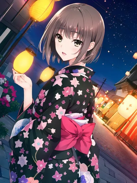 best quality,masterpiece, high res,original, beautiful detailed eyes, 1girl, japanese clothes, solo, kimono, fireworks, short hair, brown hair, green eyes, open mouth, yukata, night, lantern, black kimono, smile, floral print, dutch angle, blush, paper lantern, outdoors, sky, festival, sash, looking back
<lora:iizuki_tasuku:0.85>