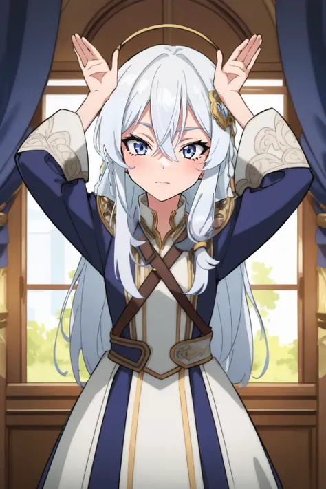(masterpiece, best quality), intricate details,
(1girl), solo, <lora:60_Elaina:0.8> ChopioElaina, silver hair, long hair, hair between eyes, blue eyes, hair ornament, braid, single braid, looking at viewer,
<lora:Ver2:0.8> rabbit pose, arms up,