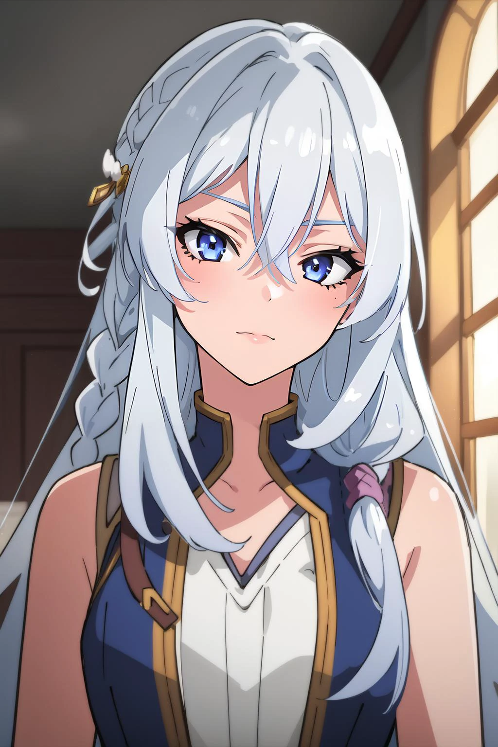 (masterpiece, best quality), intricate details,
(1girl), solo, <lora:60_Elaina:0.8> ChopioElaina, silver hair, long hair, hair between eyes, blue eyes, hair ornament, braid, single braid, looking at viewer,