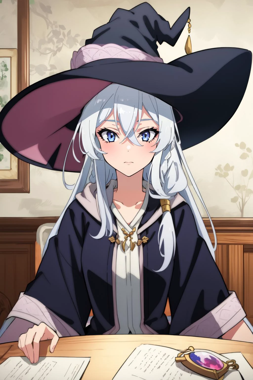 (masterpiece, best quality), intricate details,
(1girl), solo, <lora:60_Elaina:0.8> ChopioElaina, silver hair, long hair, hair between eyes, blue eyes, hair ornament, braid, single braid, looking at viewer, large witch hat,