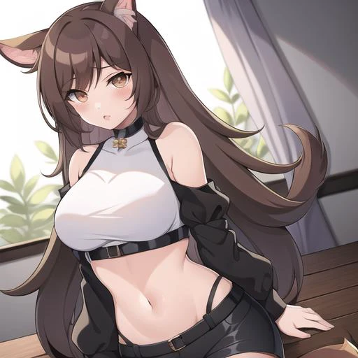 best resolution,best quality,(fluffy anthro furry :1.6),fox girl,black long hair,wavy hair,white fur,medium breasts,cleavage,glasses,yellow tanktop,thorn black pants,nipple erection,arm bracelets,bracelets,heart collar,tokyo,street,full face blush,looking at viewer,beautiful face,grin,close up,heavy breath,heart eyes,heart eyes expression