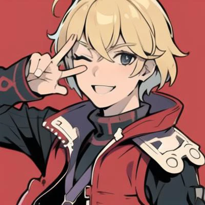 solo, blue eyes, blonde hair, 1boy, upper body, male focus, vest, red vest, white background, simple background, smile, one eye closed, perfect hand, (peace sign), two fingers up  <lora:Shulk_Lorav1-15:0.7>