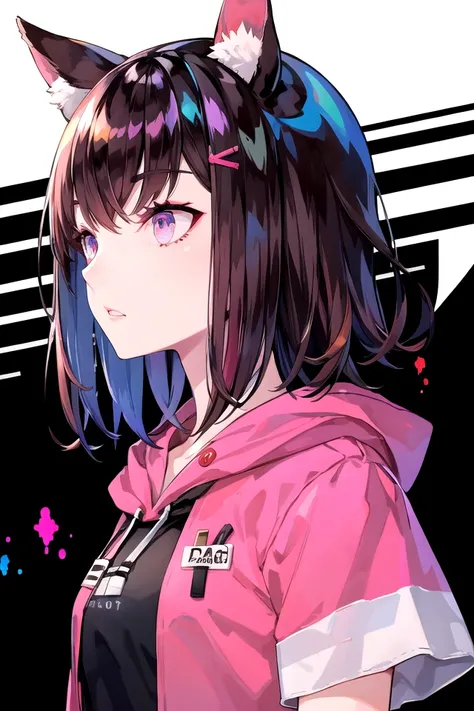 <lora:ramdayo-17:1>, BREAK cat ears, brown hair, short hair, purple eyes, (pink hoodie:1.2), short sleeves, inspired by arknights, upper body, (looking away), from side, (black background:1.2), paint splatters, parted lips