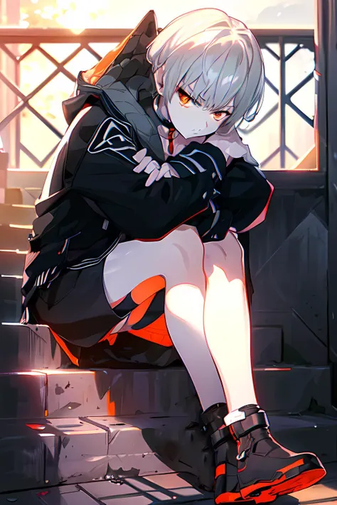 <lora:e7Haste-07:.85> e7Haste, 1boy, choker, gray hair, hooded jacket, shorts, red collar, (sitting down on stairs, leaning on wall, crossed arms, impatient, annoyed:1.2), from below,  sunset, boots twilight, silhouette, against the light, backlighting, train station, orange eyes, solo, male focus