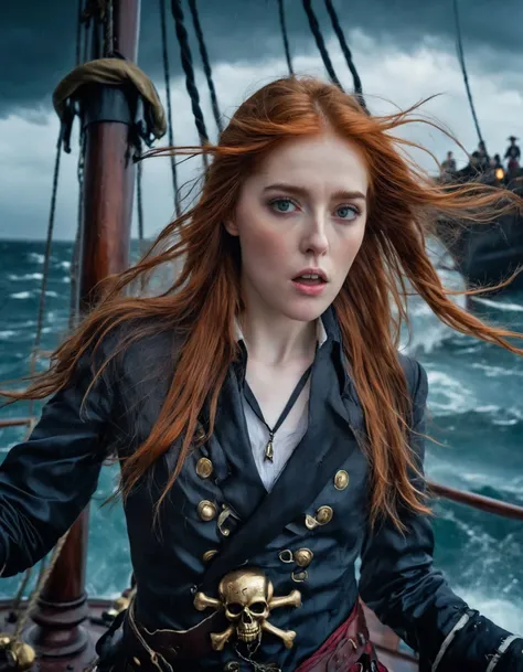 (Jia Lissa woman) <lora:JiaLissa_SDXL_v1.0:1>
A photorealistic cinematic upper body shot
depicts a stunning woman with long, raven locks standing at the helm of a majestic, ghostly pirate ship, her eyes determined as she navigates the stormy seas. lightning,
Professional Photography, Photorealistic, standing in a Dark background, blurred background, RAW, analog style, sharp focus, Sony F65 High image quality, 4K resolution, and HDR capabilities Sony/Zeiss 14mm ISO 800, 1/50s, f/2.8, 16-bit RAW, award winning, masterpiece