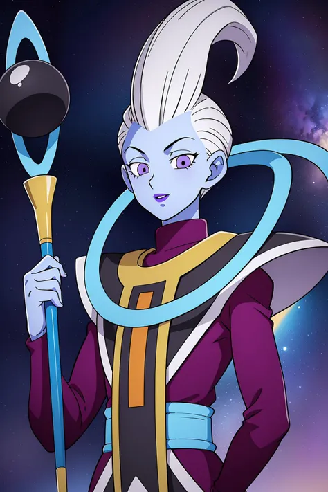 Best_QualityPos, RAW photo, intricate details, best quality, 8k uhd, soft lighting, 1boy, solo, white hair, blue skin, colored skin, purple eyes, purple lips, in space, holding staff <lora:WhisV2:0.7>