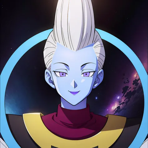 Best_QualityPos, RAW photo, intricate details, best quality, 8k uhd, soft lighting, in space, 1boy, solo, white hair, blue skin, colored skin, purple eyes, purple lips, smile <lora:WhisV2:0.7>