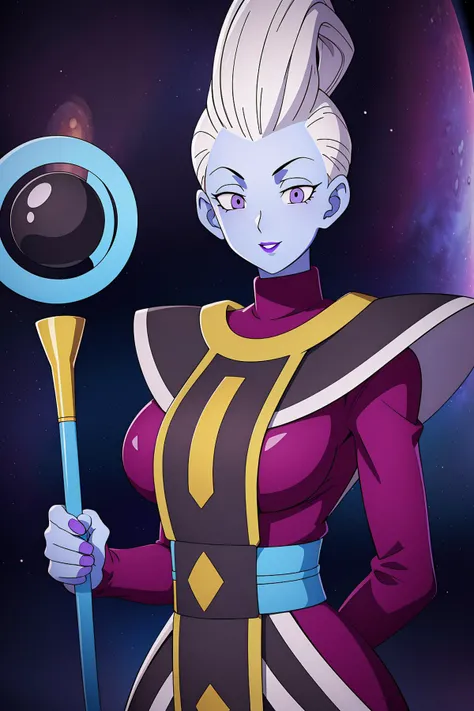 Best_QualityPos, RAW photo, intricate details, best quality, 8k uhd, soft lighting, 1girl, solo, white hair, blue skin, colored skin, purple eyes, purple lips, large breasts, in space, holding staff <lora:WhisV2:0.7>