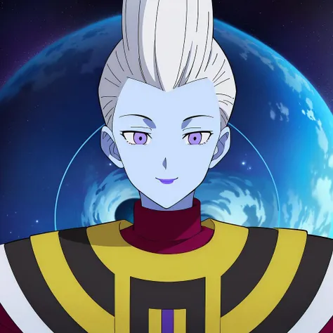 Best_QualityPos, RAW photo, intricate details, best quality, 8k uhd, soft lighting, in space, 1boy, solo, white hair, blue skin, colored skin, purple eyes, purple lips, smile <lora:WhisV2:0.7>