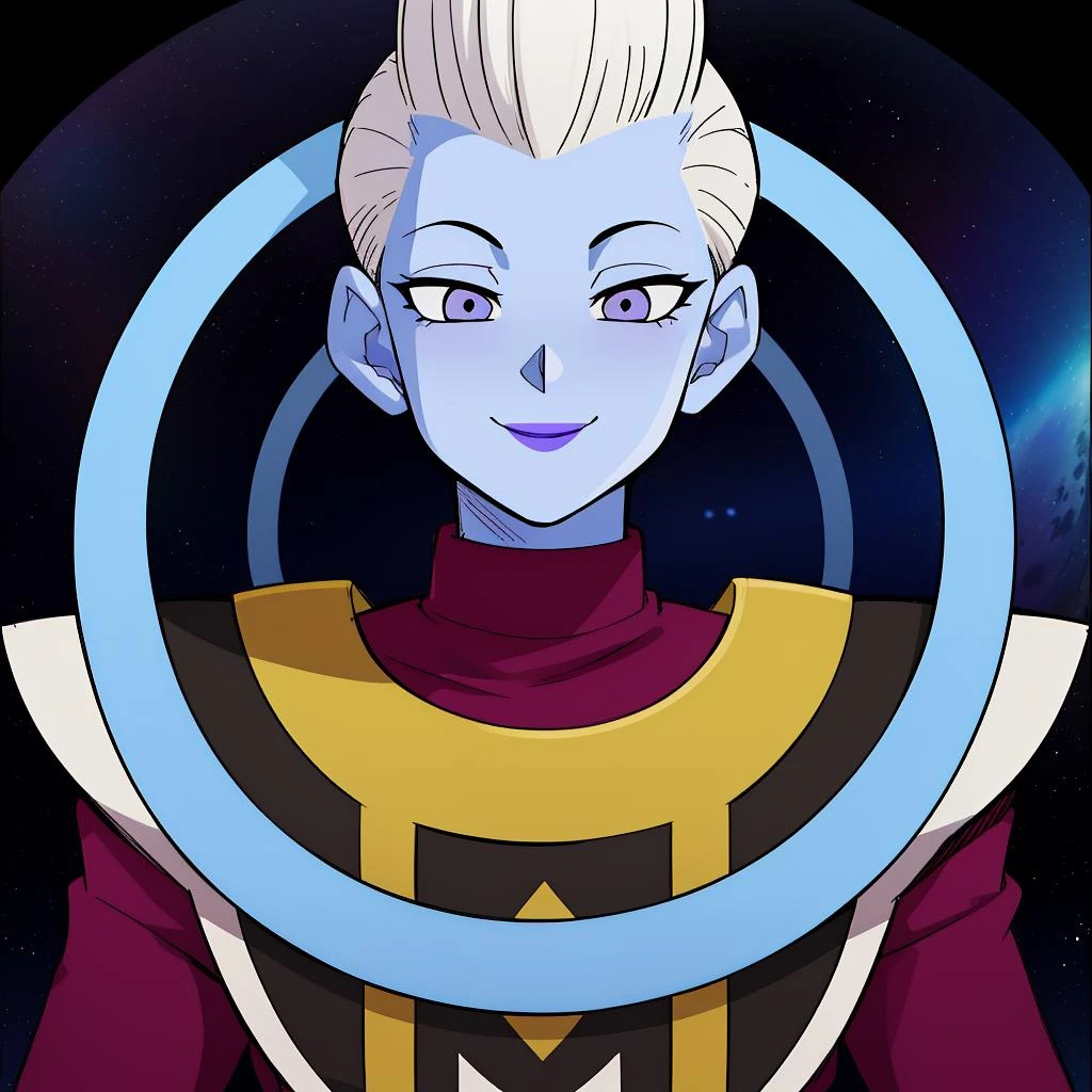 Best_QualityPos, RAW photo, intricate details, best quality, 8k uhd, soft lighting, in space, 1boy, solo, white hair, blue skin, colored skin, purple eyes, purple lips, smile <lora:WhisV2:0.7>