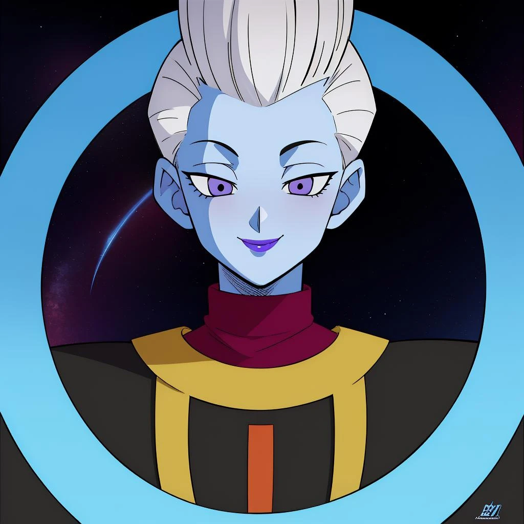 Best_QualityPos, RAW photo, intricate details, best quality, 8k uhd, soft lighting, in space, 1boy, solo, white hair, blue skin, colored skin, purple eyes, purple lips, smile <lora:WhisV2:0.7>