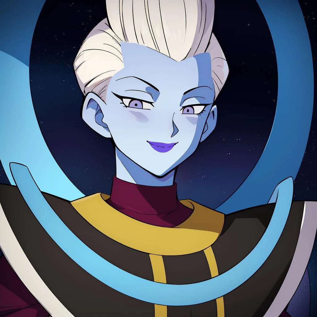 Best_QualityPos, RAW photo, intricate details, best quality, 8k uhd, soft lighting, in space, 1boy, solo, white hair, blue skin, colored skin, purple eyes, purple lips, smile <lora:WhisV2:0.7>