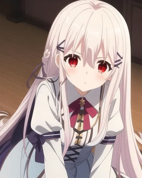 masterpiece, best quality, 1girl,satono, long hair, long sleeves, solo, looking at viewer, red eyes, hairpin, kiss,