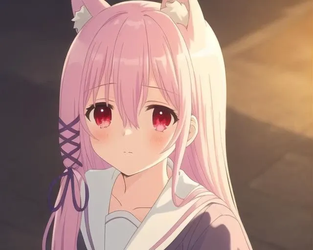 masterpiece, best quality, 1girl, solo, ribbon, long hair, hair ribbon, red eyes, looking at viewer, white sailor collar, hair between eyes, school uniform, sailor collar, pink hair, bangs, closed mouth, purple ribbon, shirt, portrait, serafuku, hand up, collarbone, empty eyes, indoors, blush, blurry,sky , cloud, fox mask, cityscape, holding mask, upper body, outdoors, city, holding, looking up, scenery, sunset, fox mask removed