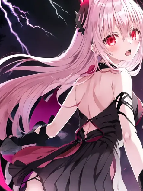 masterpiece, best quality, demon_kisara, night, red moon, glowing eyes, lightning, looking back,open mouth, 
<lora:kisara3:0.9>