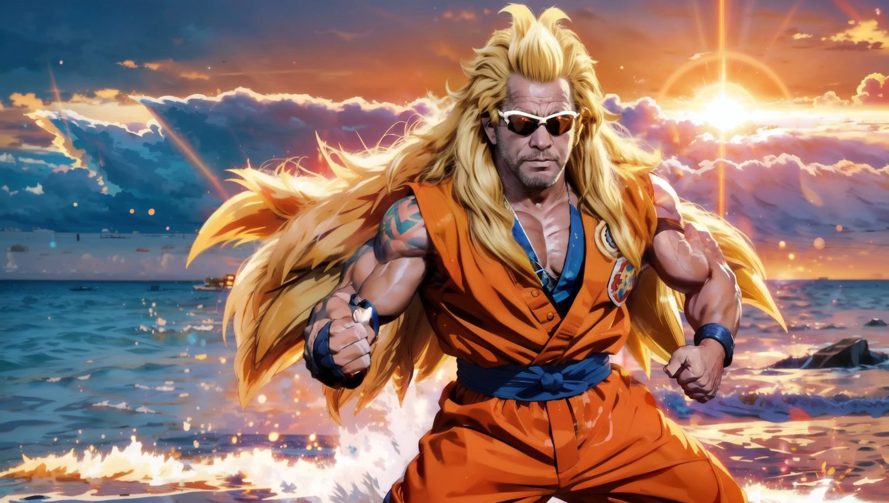 <lora:dog-20:0.61>, anime portrait of duane with long hair, blonde hair, miami beaches at dawn, big guns, cel shading, cel-shading, anime, sunglasses, orange dougi, ki charge aura, <lora:DBKiCharge:0.51> <lora:SonGokusOutfit:0.51>, supersaiyan <lora:SuperSaiyanHair:0.1>, clenched hands, fighting stance,