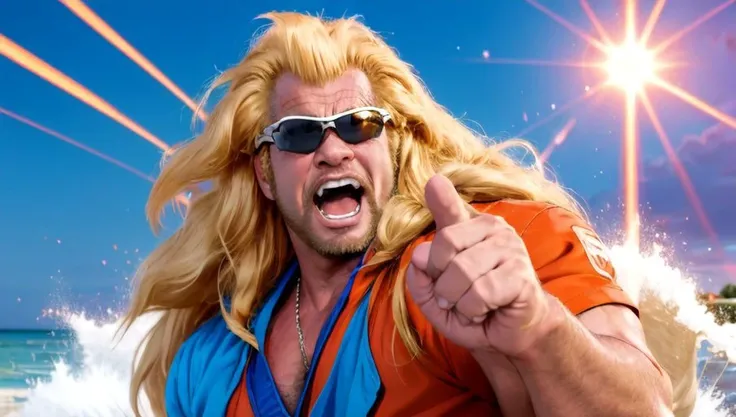 <lora:dog-20:0.61>, anime portrait of duane with long hair, blonde hair, miami beaches at dawn, big guns, cel shading, cel-shading, anime, sunglasses, orange dougi, ki charge aura, <lora:DBKiCharge:0.31> <lora:SonGokusOutfit:0.1>, supersaiyan <lora:SuperSaiyanHair:0.01>, clenched hands, fighting stance, screaming, solo, solo focus, giant turtle