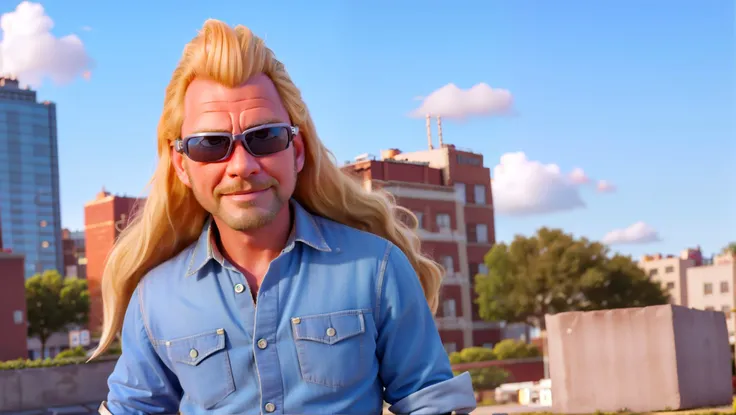 solo disney picar style close-up shot of duane, 1man, long hair, blonde hair, mullet, new york city, neon, mechanical body parts, cybernetic, <lora:dog-20:0.44>, sunglasses on head,