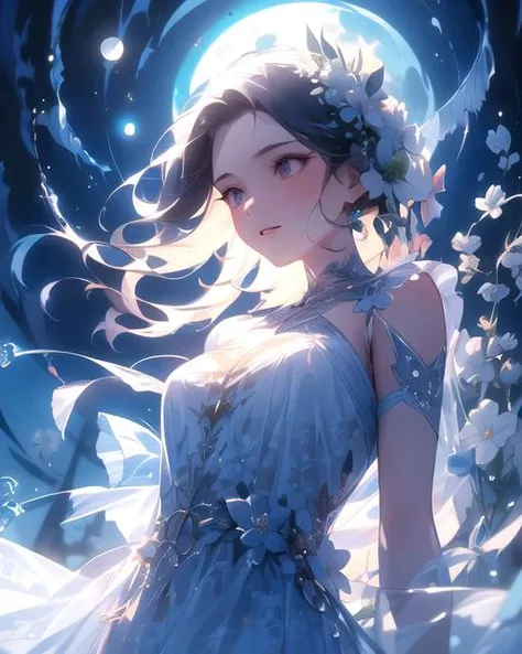 1girl, solo,ttblue, (masterpiece,best quality), <lora:ttblue+2:1>,dutch angle, parted lips,upper body, moon, light particles,floral print,floating, reflection, looking up, from below,