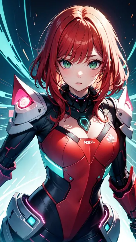 (masterpiece), (best quality), redhead, (((cyber armor))), green eyes, neons
