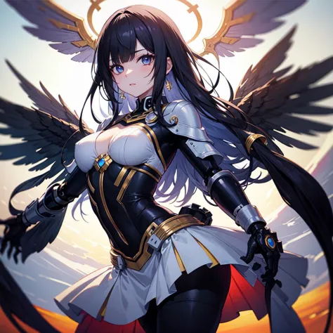 masterpiece, best quality, extremely detailed face, sharp details,
back lighting, high contrast, blue shadows, view from below camera, fish eye camera,
girl, white long hair, white dress, transparence,
small breast, robot_joints, machanical_parts, hardsurface:2, 4K Unity, gold ornament ring on top, thigh, mini skirts, black panty,
black body suit, blood, red cables, mecha angel feathers,
<lora:aMechaMusumeA_v1:1>
outdoor, night sky, depth of field:1.5, halo, lens flare, glare light, super complex detail,