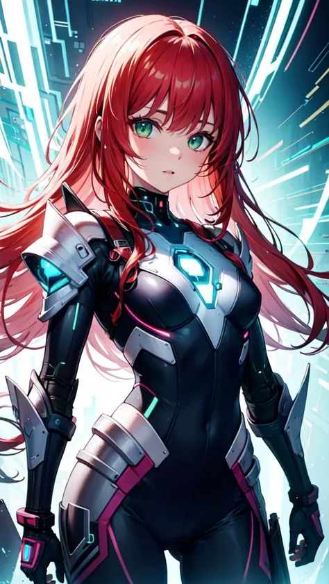 (masterpiece), (best quality), redhead, (((cyber armor))), green eyes, neons
