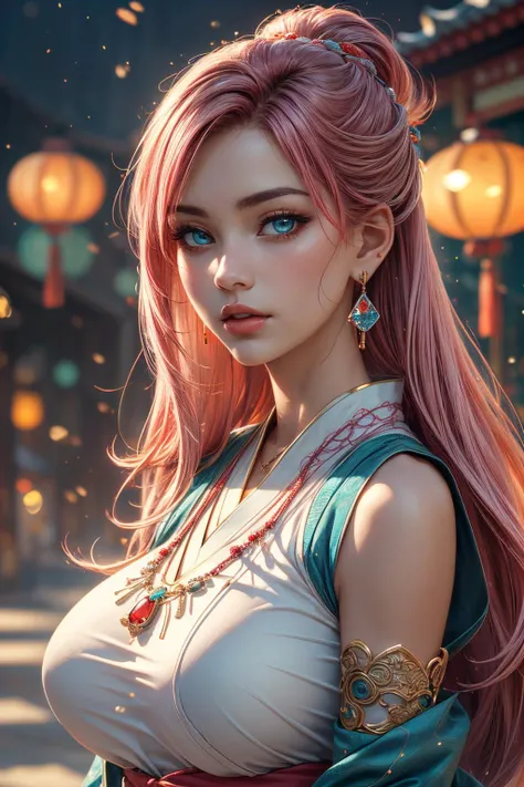 (ultra realistic,32k, masterpiece:1.2),(high detailed skin:1.1),( 8k uhd, dslr, high quality:1.1),(thick\lips\),
1girl,pink hair, long hair,hair pinned up, (aqua eyes:0.9),(hanfu:1.1), kanzashi, Saijer, jewelry, bracelet, armlet, earrings, gem, necklace, light particles,blurry background Toro lanterns, <lora:tifa Chinese Mythology:0.5>Chinese, Mythology, , <lora:add_detail:0.82>, huge breast, ,
(looking at viewer, portrait:1.1),,
,(radiant:1.1),