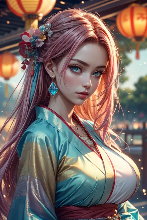(ultra realistic,32k, masterpiece:1.2),(high detailed skin:1.1),( 8k uhd, dslr, high quality:1.1),(thick\lips\),
 1girl,pink hair, long hair,hair pinned up, (aqua eyes:0.9),(hanfu:1.1), kanzashi, Saijer, jewelry, bracelet, armlet, earrings, gem,  necklace, light particles,blurry background Toro lanterns,  <lora:tifa Chinese Mythology:0.5>Chinese, Mythology, , <lora:add_detail:0.76>, huge breast, ,
(looking at viewer, portrait:1.1),,
,(iridescence:1.1),