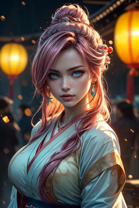 (ultra realistic,32k, masterpiece:1.2),(high detailed skin:1.1),( 8k uhd, dslr, high quality:1.1),(thick\lips\),
1girl,pink hair, long hair,hair pinned up, (aqua eyes:0.9),(hanfu:1.1), kanzashi, Saijer, jewelry, bracelet, armlet, gem, necklace, light particles,blurry background Toro lanterns, <lora:tifa Chinese Mythology:0.5>Chinese, Mythology, , <lora:add_detail:0.79>, huge breast, ,
(looking at viewer, portrait:1.1),,
,(moody lighting:1.1),