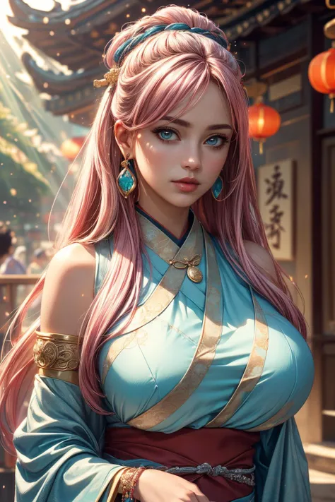 (ultra realistic,32k, masterpiece:1.2),(high detailed skin:1.1),( 8k uhd, dslr, high quality:1.1),(thick\lips\),
 1girl,pink hair, long hair,hair pinned up, (aqua eyes:0.9),(hanfu:1.1), kanzashi, Saijer, jewelry, bracelet, armlet, earrings, gem,  necklace, light particles,blurry background Toro lanterns,  <lora:tifa Chinese Mythology:0.5>Chinese, Mythology, , <lora:add_detail:0.84>, huge breast, ,
(looking at viewer, portrait:1.1),,
,(dense light rays:1.1),