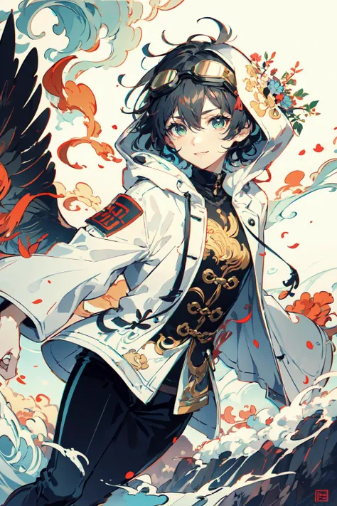 <lora:tifa Chinese Mythology:1> Chinese, Mythology, white and blue theme,, ultra detailed, masterpiece, best quality, aesthetic, detailed,, ultra detailed, masterpiece, best quality, solo, smile, 1boy, green eyes, short hair, black hair, bangs, hair between eyes, messy hair, (goggles on head:1.2),, headband, white coat, hooded coat, hood down, open coat, turtleneck, capri pants, pants, black knee boots,