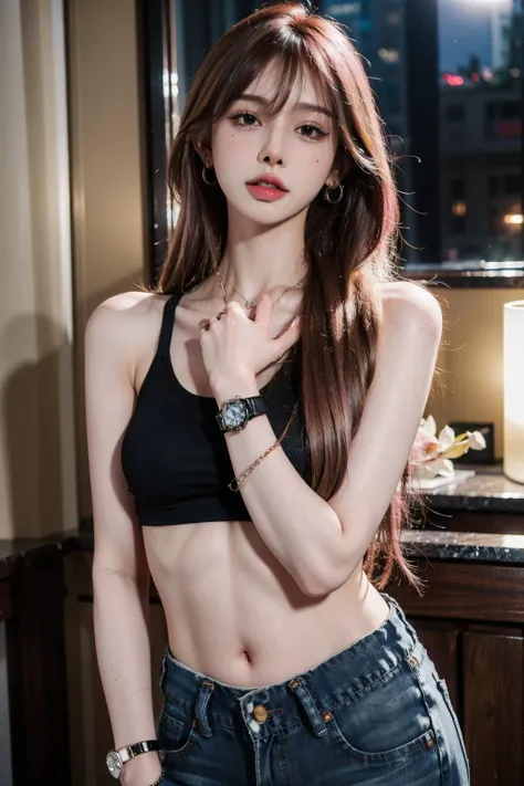 ((masterpiece), (best quality), ultra high res, (raw photo:1.2), (photorealistic:1.4), Exceptional detail, dramatic lighting, highres, 8k, absurdres, solo,
CNGirl_2, 1girl, black tank top, black crop top, ((pink hair)), long hair, bar, alcohol,
jewelry, jeans, lwatch, denim, wristwatch, earrings, pants, midriff, brown hair, looking at viewer, crop top, indoors, bracelet, sleeveless, plant, bare shoulders, from side, arm tattoo,
<lora:CNGirl_2_20-000002:0.7>