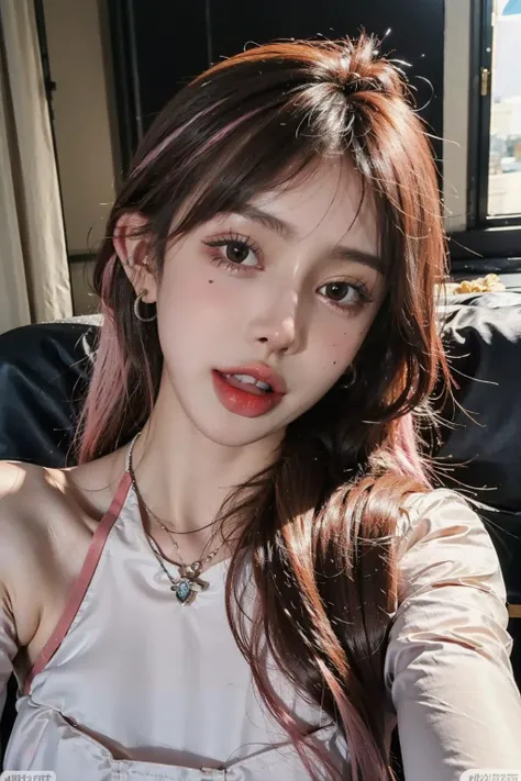 ((masterpiece), (best quality), ultra high res, (raw photo:1.2), (photorealistic:1.4), Exceptional detail, dramatic lighting, highres,   8k, absurdres, solo, 
CNGirl_2, 1girl, (pink hair), close up,  jewelry, 1girl, v, earrings, necklace, long hair, realistic, toilet,  solo, open mouth, brown eyes,  hair covering breasts, 
<lora:CNGirl_2_20-000002:0.7>  <lora:Daoist_Robe_v2-000003:0.7>