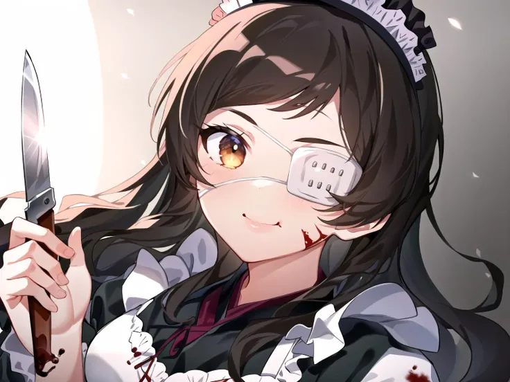 {{{maidSH}}},holding weapon,knife,smile,blood on face,(beautiful light),{{illustration}},{{{masterpiece}}},{{best quality}},{High resolution}, hignity 8k wallpaper,detailed background,{highres},, beautiful face, ((shiny skin)), ((highly detailed skin)),{{{1girl}}},{{{solo}}}, <lora:kitazawa_shiho:1>