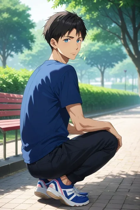 score_9, score_8_up, score_7_up, source_anime, rating_safe, , semi-realistic, looking at viewer, depth of field, 1boy, solo, male focus, <lora:sousuke_yamazaki_pony:0.78>, sousuke_yamazaki, black hair, blue eyes, short hair, straight-on, full body, park, dawn, ass, heart eyes, , <lora:sdxl_lightning_8step_lora:1>