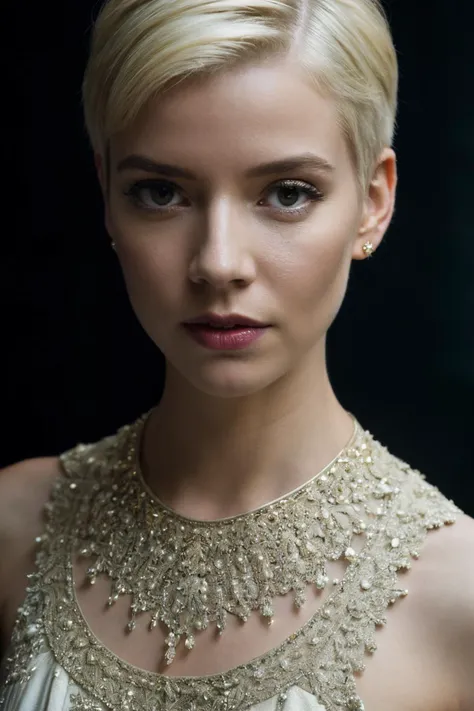 photoshoot of atj, (blonde hair), (pixie cut), , detailed skin texture, (blush:0.2), (goosebumps:0.3), (light yellow dress), subsurface scattering, Photorealistic, Hyperrealistic, Hyperdetailed, analog style, hip cocked, demure, detailed skin, matte skin, soft lighting, subsurface scattering, realistic, heavy shadow, masterpiece, best quality, ultra realistic, 8k, golden ratio, Intricate, High Detail, film photography, soft focus,<lyco:AnyaTaylorJoy-RealVision-V1.0:1.0>