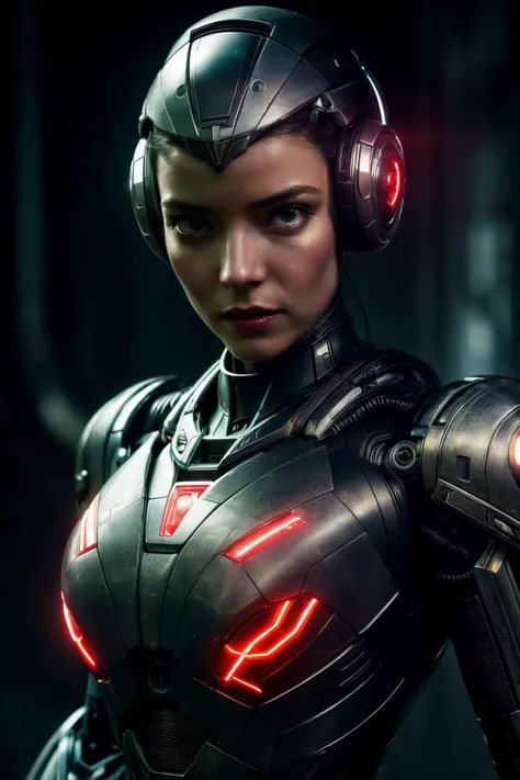 atj, ((best quality)), ((masterpiece)), (detailed), Midjourney Style, close-up, woman, robot, red eyes, concept art, inspired by Marek Okon, digital art, Crysis Nanosuit, futuristic, (glowing elements:1.1), 4:3 aspect ratio, dynamic duo, <lyco:AnyaTaylorJoy-RealVision-V1.0:1.0>