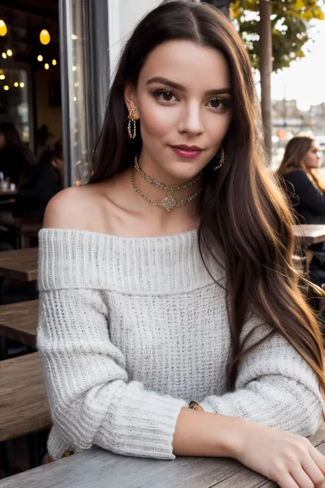 atjpiercing eyes, looking straight, very happy,long hair, wearing an off-shoulder sweater, choker, closeup portrait, in a outdoor cafe in 2015, afternoon light,<lyco:AnyaTaylorJoy-RealVision-V1.0:1.0>,