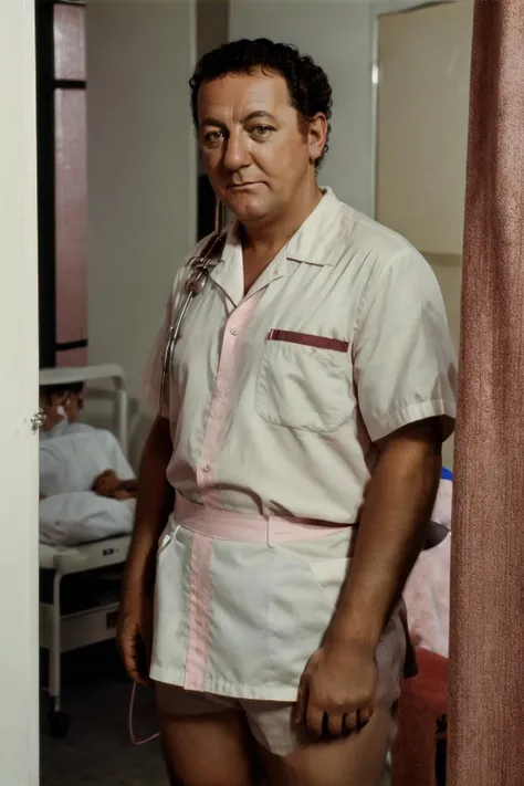 (masterpiece:1.2), photography of Coluche768, crossdressing, pink nurse uniform, looking at viewer, facing viewer, medium shot, <lora:Coluche768:0.8>, hospital