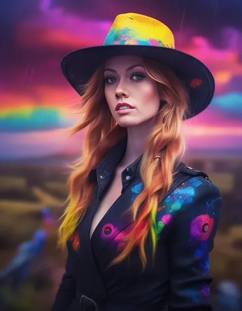KatherineMcnamara, art by Natalia Rak, Spray paint style, Photograph, intricate background, Pure tall South-American humanoid, Bounty hunter, wearing Apocalyptic Colorful Fedora, Dark Pigtails hairstyle, Raining, horizon-centered, Cel shaded, Bloomcore, volumetric lighting, <lora:KatherineMcnamaraSDXL:1>