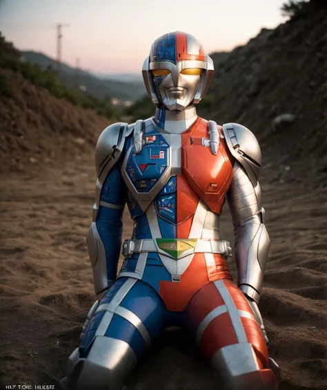 cinematic film still , RAW photo, realistic , perfect lighting, high quality, film grain, <lora:quiron_ChoujinkiMetalder_v1_Lora:0.87> ChoujinkiMetalderQuiron, Sitting, heroic sacrifice: A character selflessly makes a heroic sacrifice to save others, typically in a dramatic and emotionally charged climax, . shallow depth of field, vignette, highly detailed, high budget Hollywood movie, bokeh, cinemascope, moody, epic, gorgeous, film grain, grainy