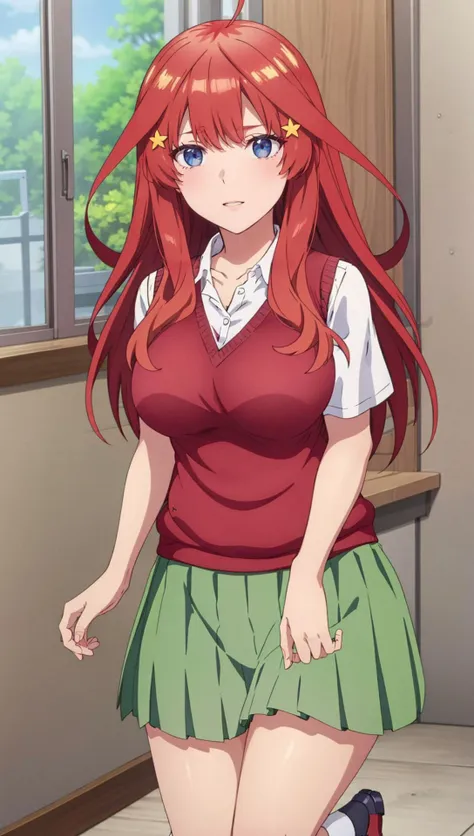 masterpiece, best quality, high resolution, highly detailed, HDR, intricate detail, ultra detailed,
BREAK
<lora:Nakano Itsuki:0.85>(_large breasts_collarbone:1.2)_hair clip_blue eyes_ red hair_long hair_ahoge
BREAK
(Full body:1.2)
BREAK
green school uniform, pink sweater vest;mini skirt