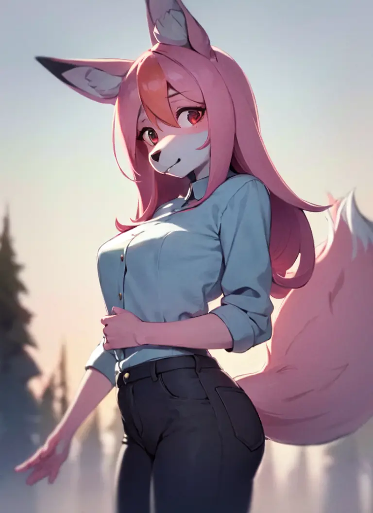 Nazuna Hiwatashi, 1girl, outside, solo, pink hair, body fur, fox ears, fox tail, high res, clothed, furry, sharp focus, pants, colorful, upper body