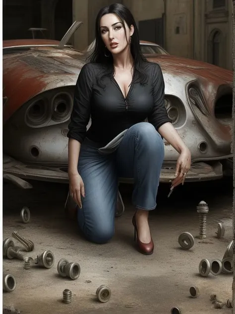 ((SFW)) _
Monica Bellucci , A place with oil stains on the floor with remains of bodywork and screws and a lot of rusty things
extremely detailed background, hyperreal, ultra realistic, professional portrait,